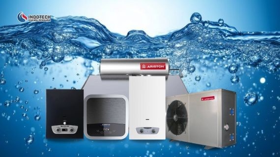 Berbagai jenis pemanas air seperti listrik, gas, tenaga surya, dan heat pump untuk kebutuhan air hangat.